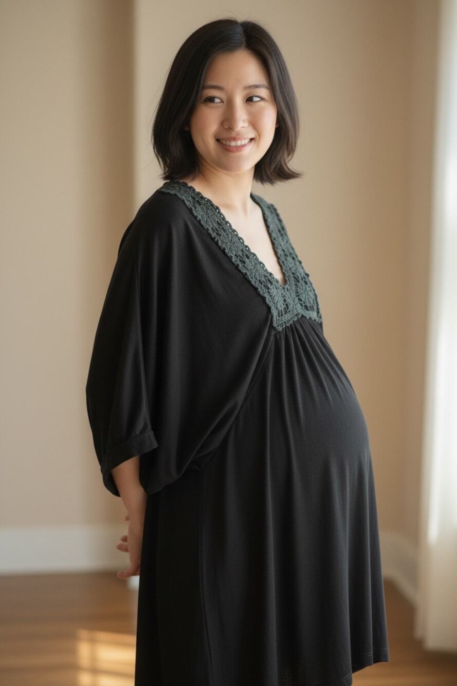 Olian Maternity XL Black Floral Crochet Neck Batwing Sleeve Boho Tunic Dolman